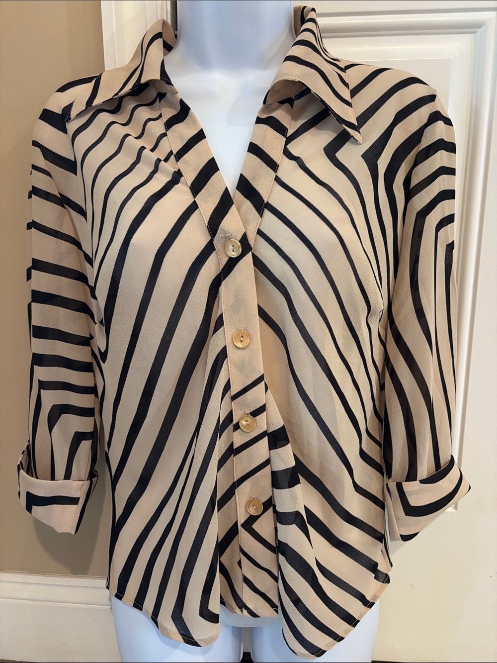 Dress Barn Beige and Black Diagonal Stripe Button-Front Blouse